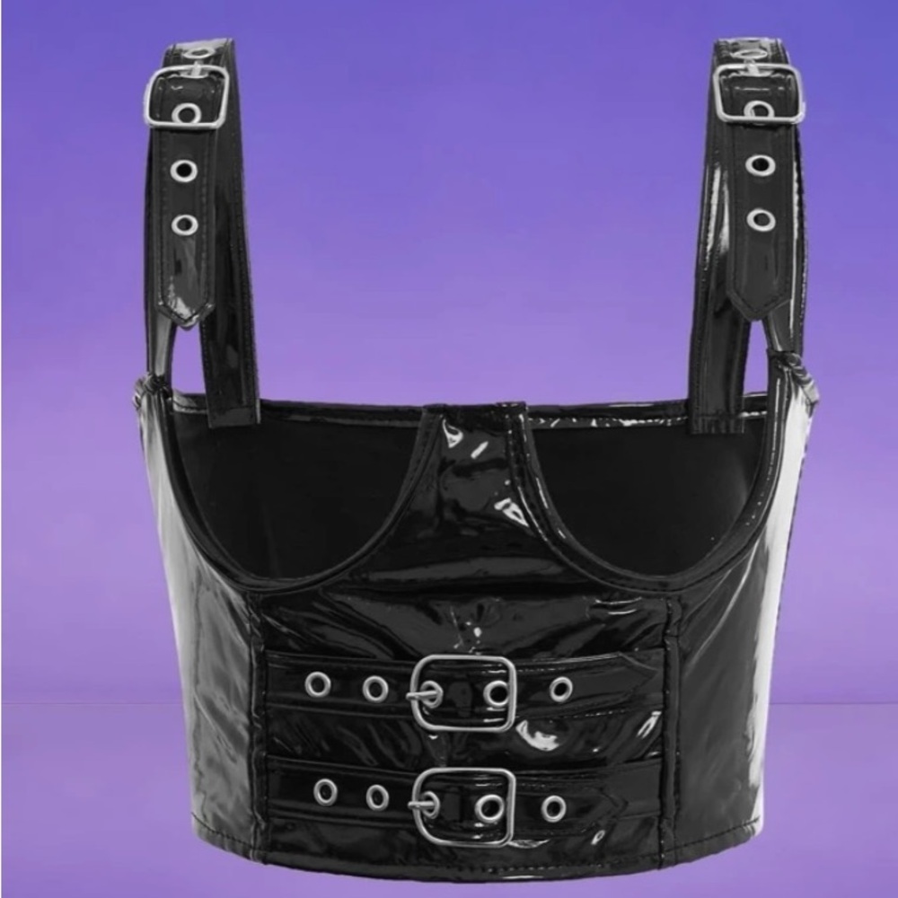 Dolls Kill Black Faux Leather Buckle Crop Top